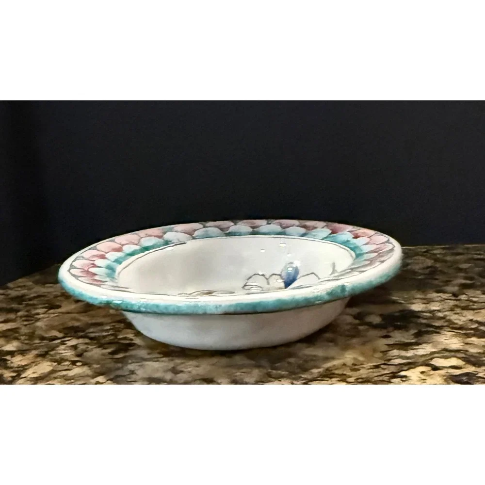 Bowl Trinket Dish Teal Pink Hand Painted Floral Ceramic 6.5 Inch Cottage Boho